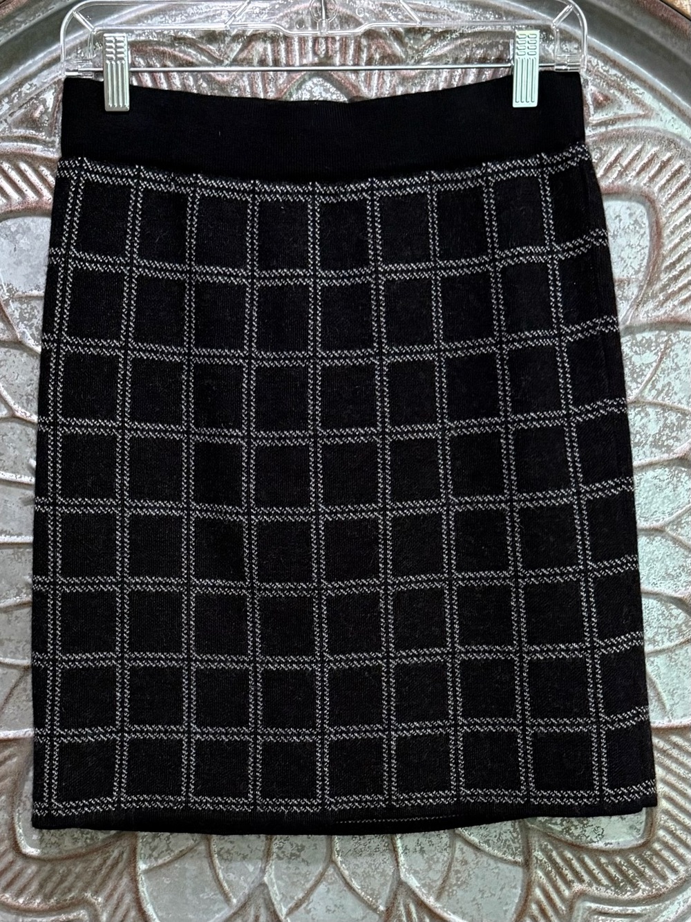 Kenar Black Knit Wool-Blend Mini Skirt with white Windowpane